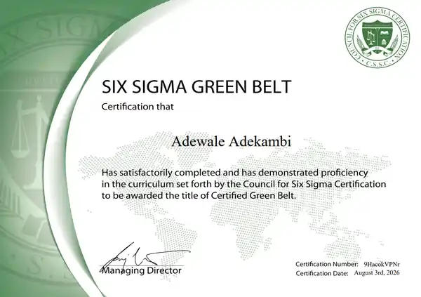 Official Six Sigma Green Belt certificate issued to Adewale Adekambi